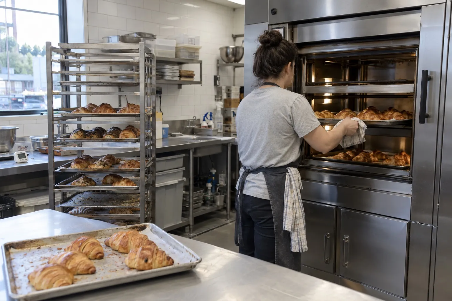 A baker loading trays of croissants into the oven