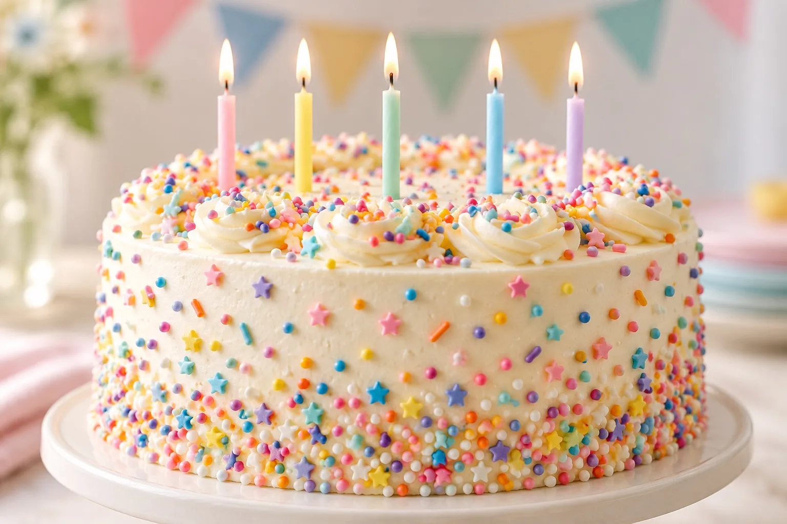 A birthday cake covered in sprinkles, with lit candles