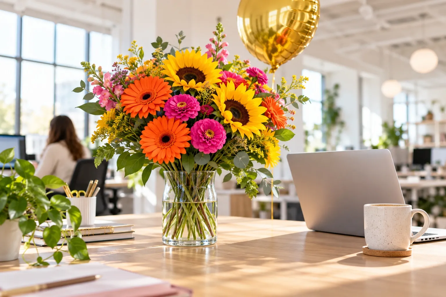 A bright birthday bouquet on an office desk