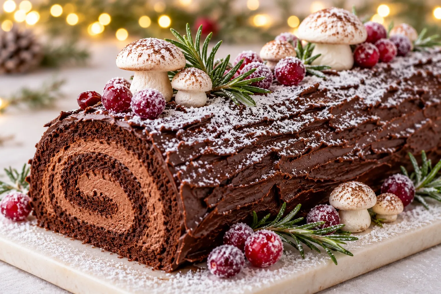 A chocolate yule log decorated with meringue mushrooms and cranberries