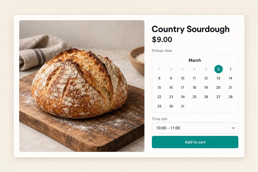 The Buunto date picker on a bakery product page, with a pickup date and time slot chosen