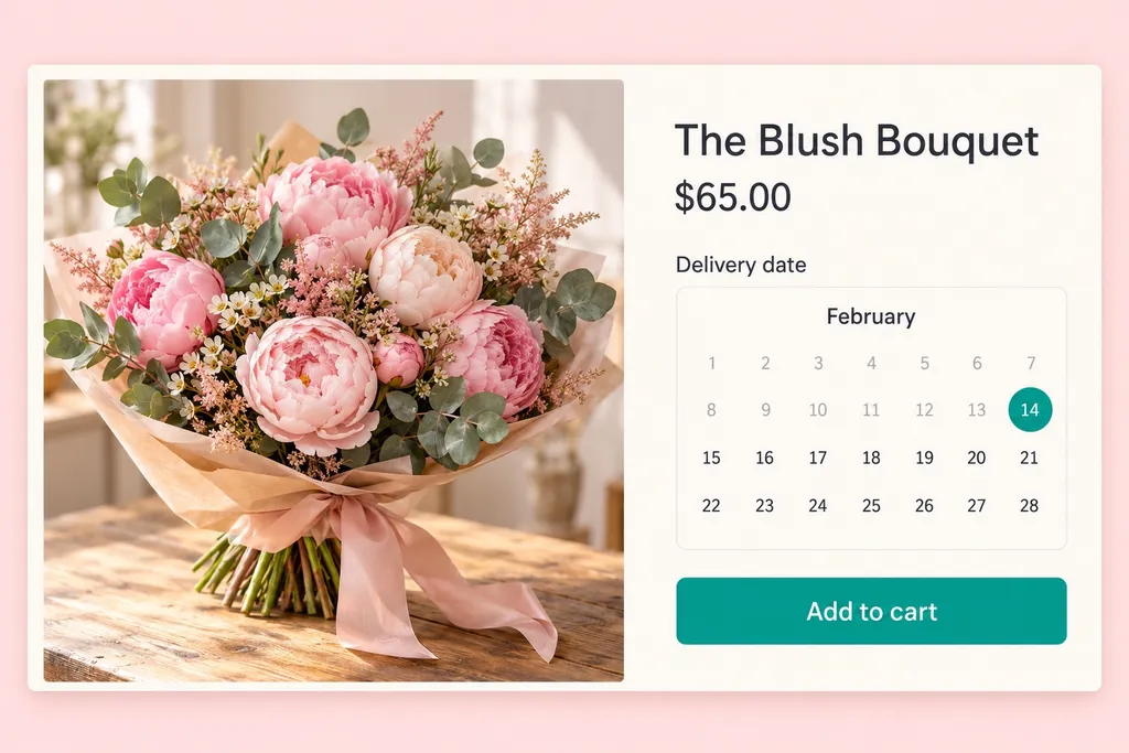The Buunto date picker on a flower shop product page, with 14 February selected