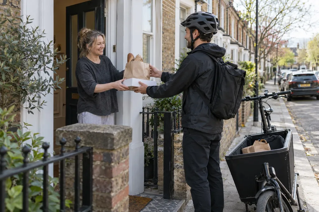 A delivery rider handing a bag of bread and a pastry box to a customer at her front door