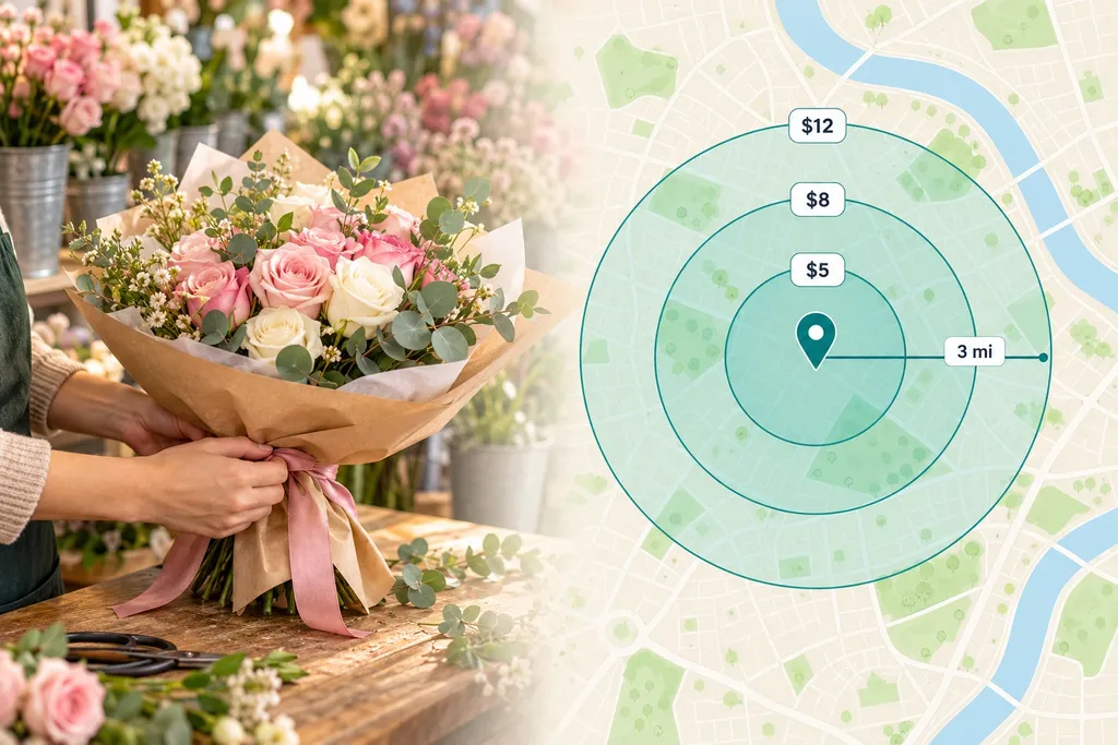 A florist wrapping a bouquet next to a map with delivery zones at $5, $8 and $12
