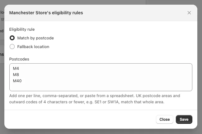 Admin panel showing eligibility rules for a location with postcode prefixes M4, M8 and M40