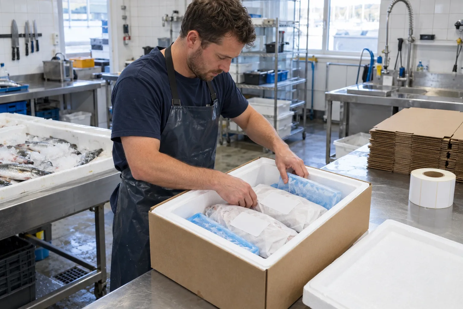 A fishmonger packing wrapped orders into an insulated delivery box