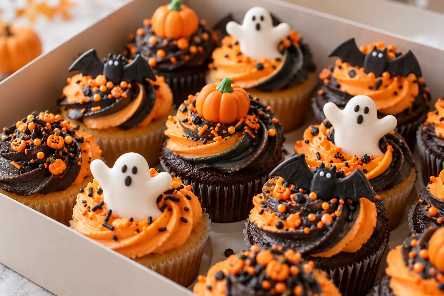 Halloween cupcakes topped with fondant pumpkins, ghosts and bats