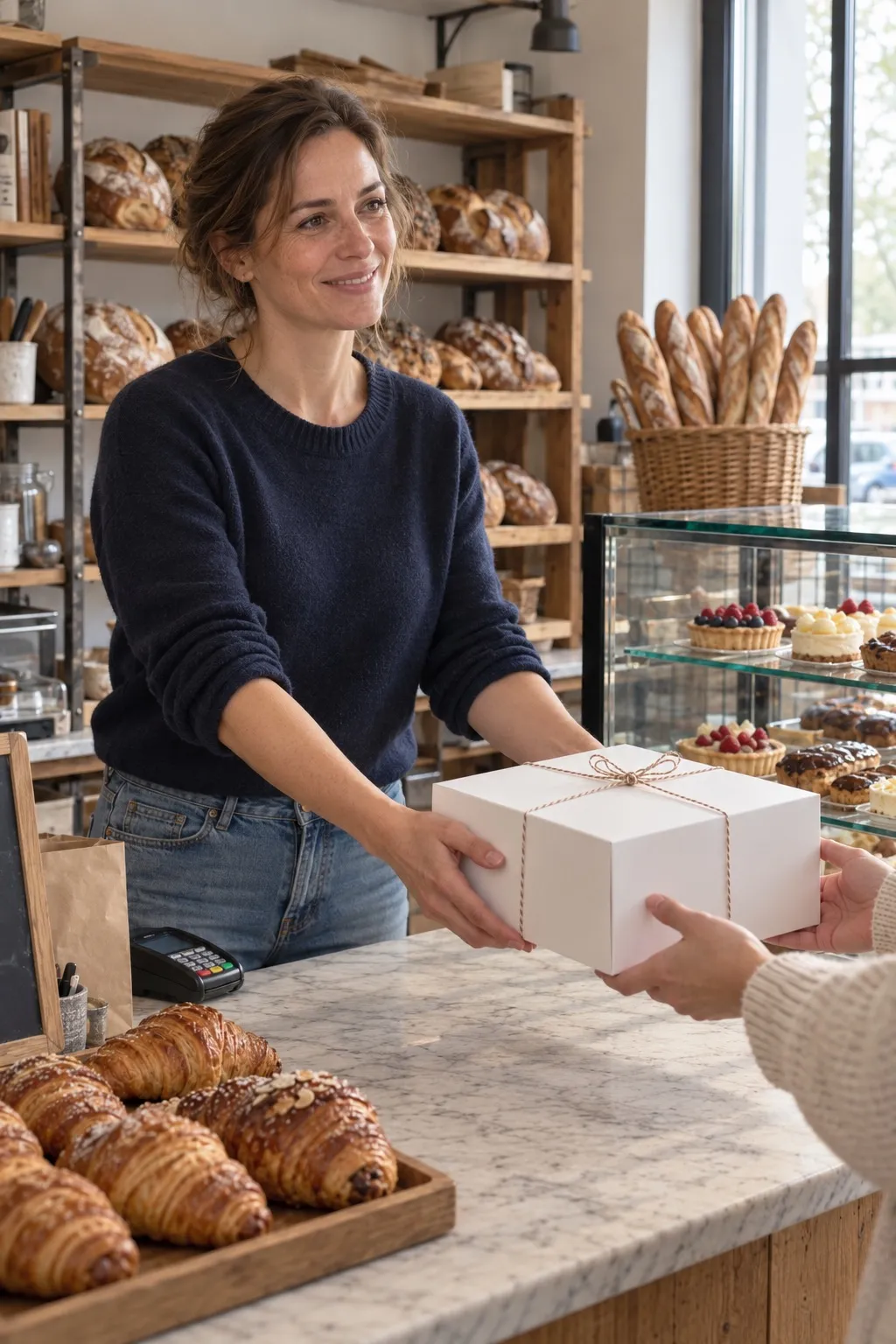 A bakery owner smiling as she hands a boxed cake across the counter to a customer