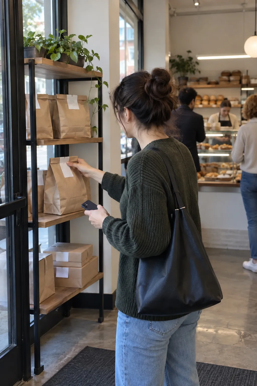 A customer collecting a pre-ordered bag from a bakery's pickup shelf