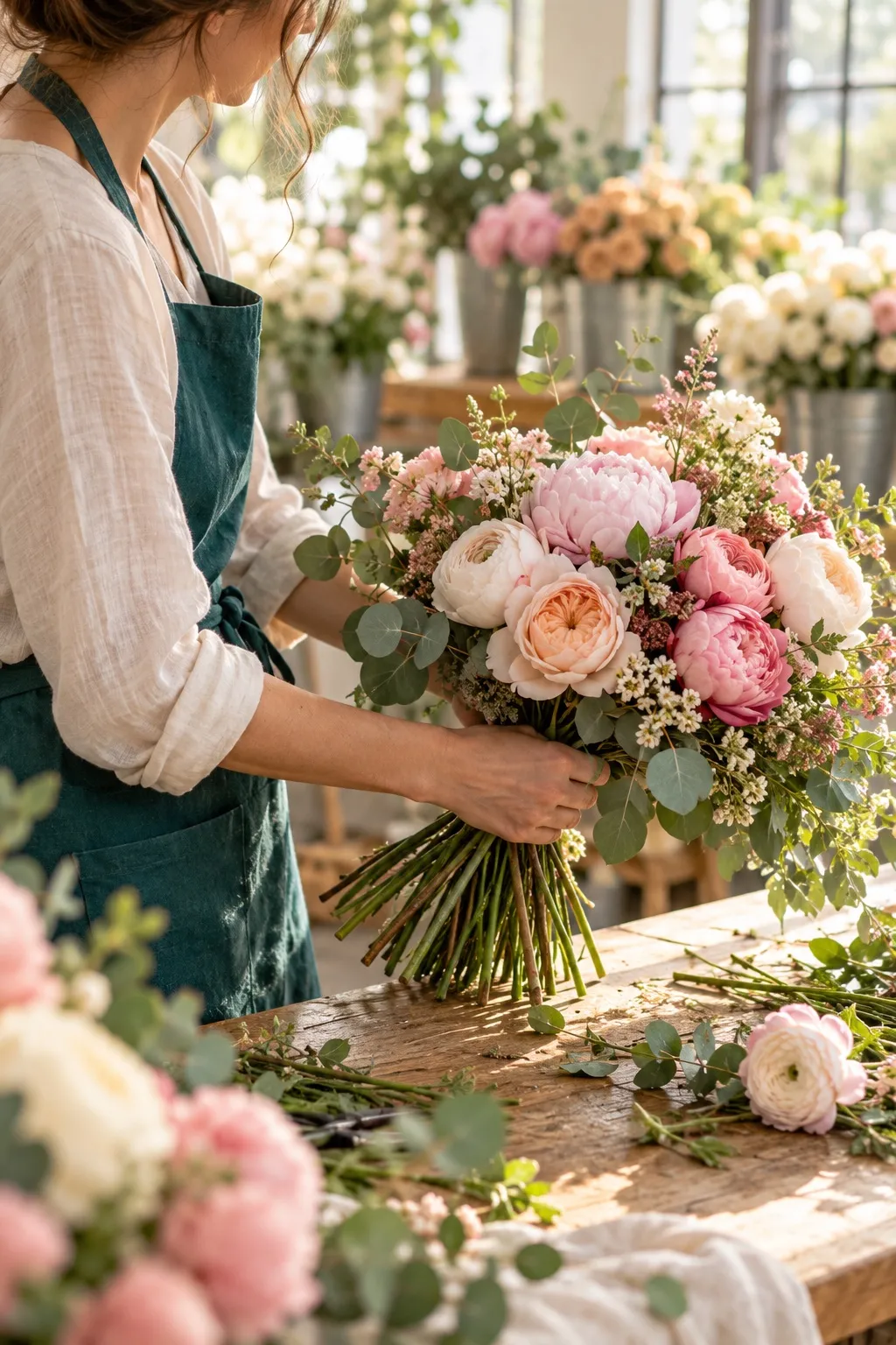 A florist arranging a bouquet of peonies and roses