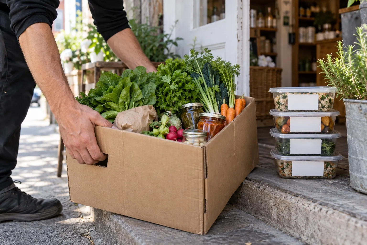 A box of fresh vegetables and meal prep containers on a doorstep