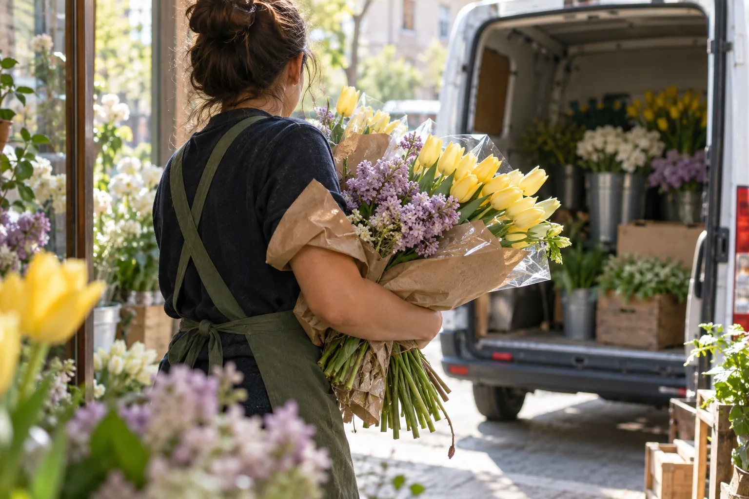 A florist carrying an armful of bouquets to a delivery van