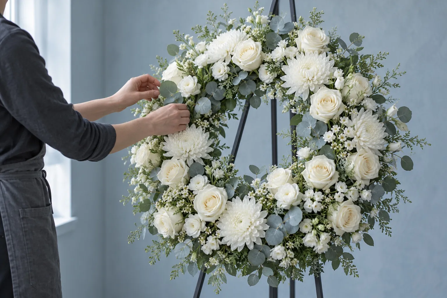 A florist finishing a white funeral wreath
