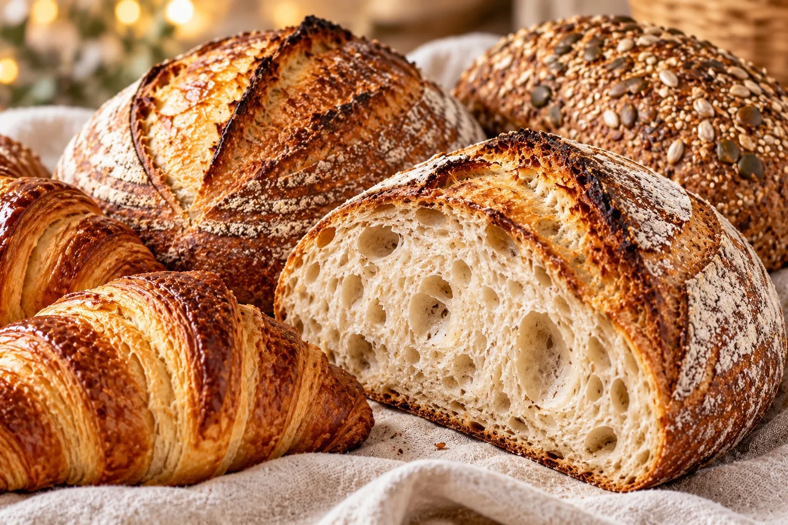 Freshly baked sourdough, a seeded loaf and croissants