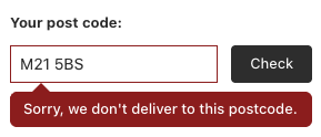Postcode input showing an error message for an out-of-zone postcode